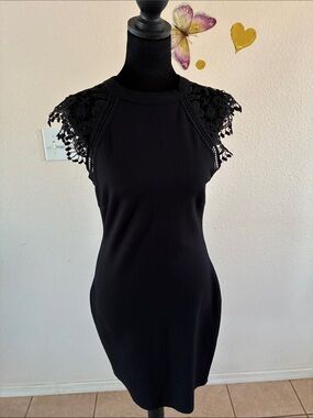 iris Black Crochet Cap-Sleeve Sheath Dress